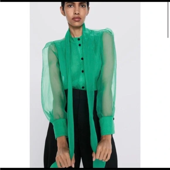 Zara green sheet organza blouse pussy bow dramatic chic S - Picture 8 of 12
